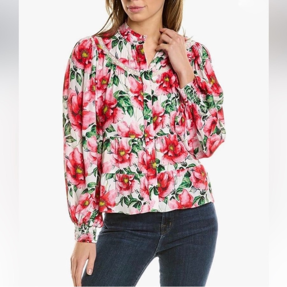 NWT Alice + Olivia Jacelyn Floral Boho Blouson Blouse in Red/White Size XS - Picture 7 of 17
